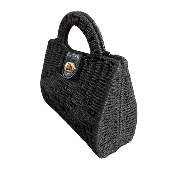 Forever 21 Black Woven Basket Handbag Purse Structured Top Handle Bag Turn Lock - Picture 3 of 10